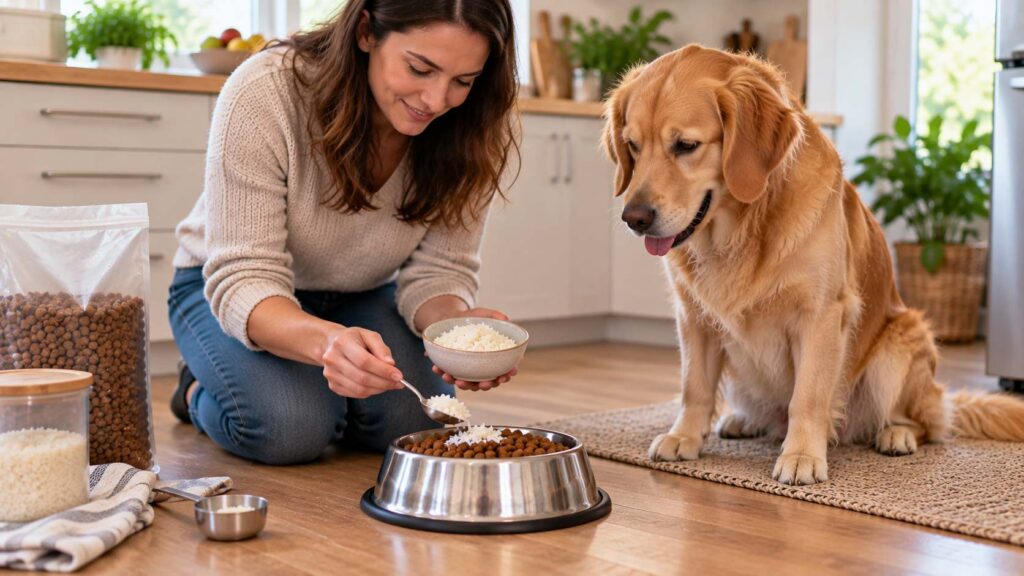 Owner adding a small spoonful of plain cooked rice to a healthy dog's regular complete meal
