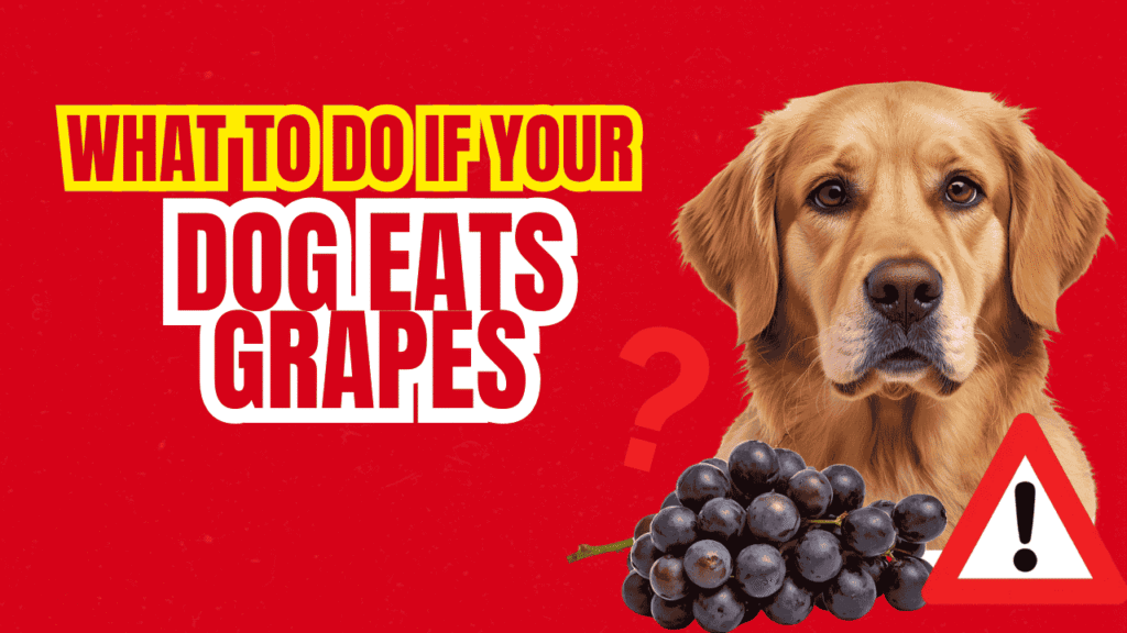 Golden Retriever dog with grapes and warning sign showing what to do if your dog eats grapes