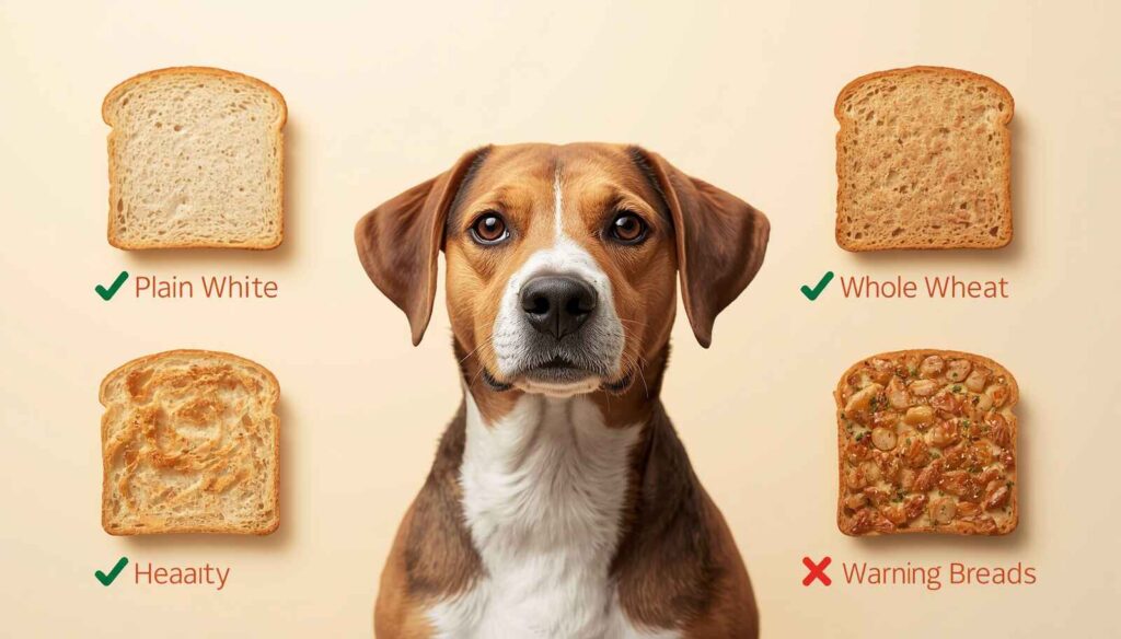 Dog with different types of bread showing safe and unsafe bread options