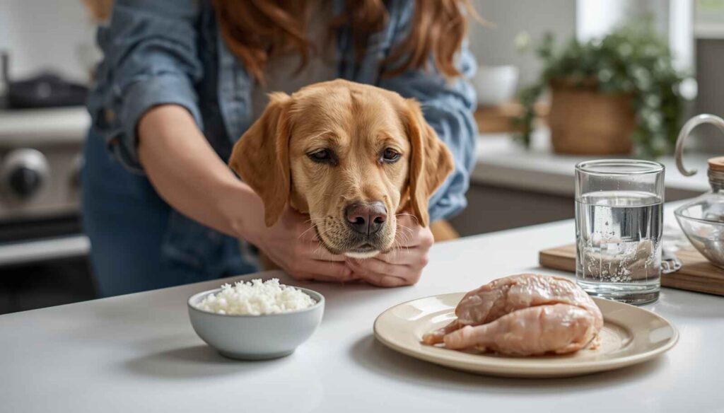 Dog owner caring for a dog at home with bland food and fresh water