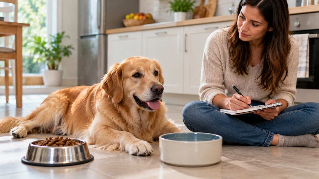 Golden Retriever resting beside fresh drinking water while its owner records health observations.