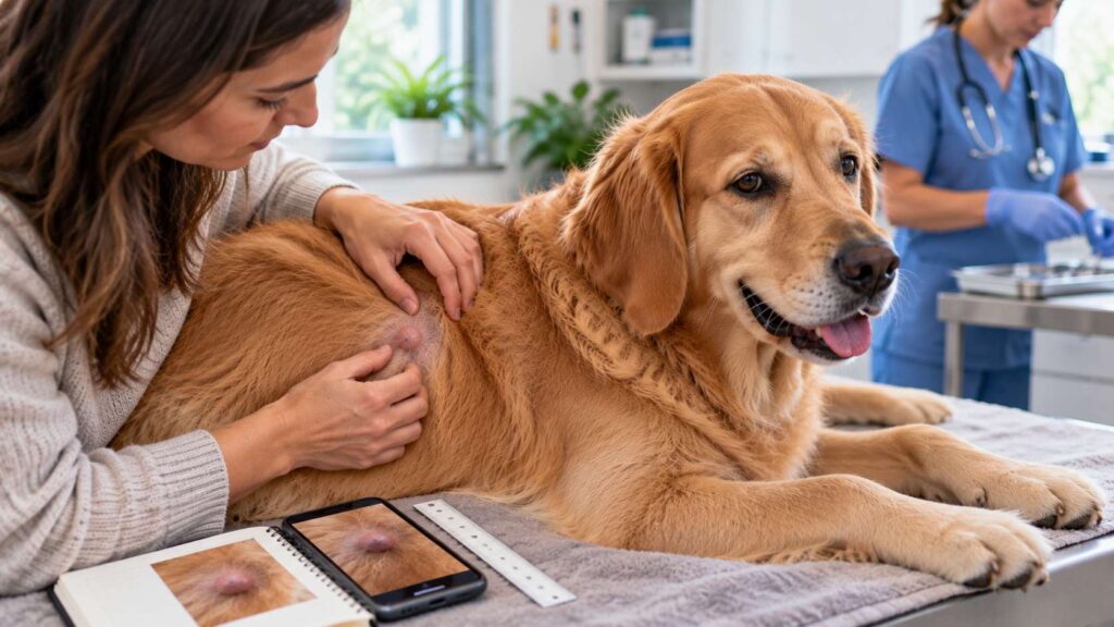 Owner documenting dog lumps and bumps with a ruler and smartphone before veterinary examination