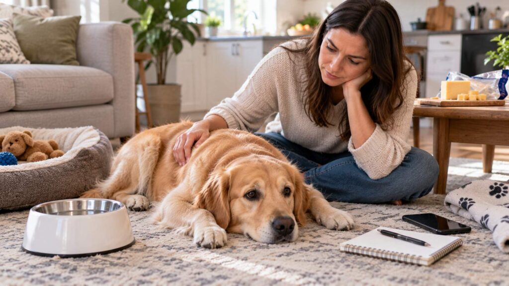Owner monitoring a resting dog after it ate unfamiliar food, with fresh water and cheese packaging nearby.
