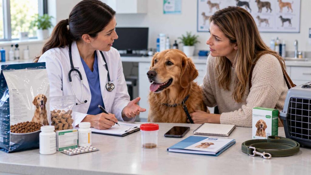 Dog owner preparing a stool sample, food packaging and medication details for a veterinary appointment