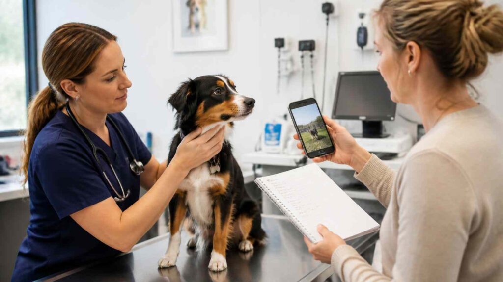 Veterinarian examining a restless dog while reviewing behaviour videos and a diary provided by the owner during a consultation.