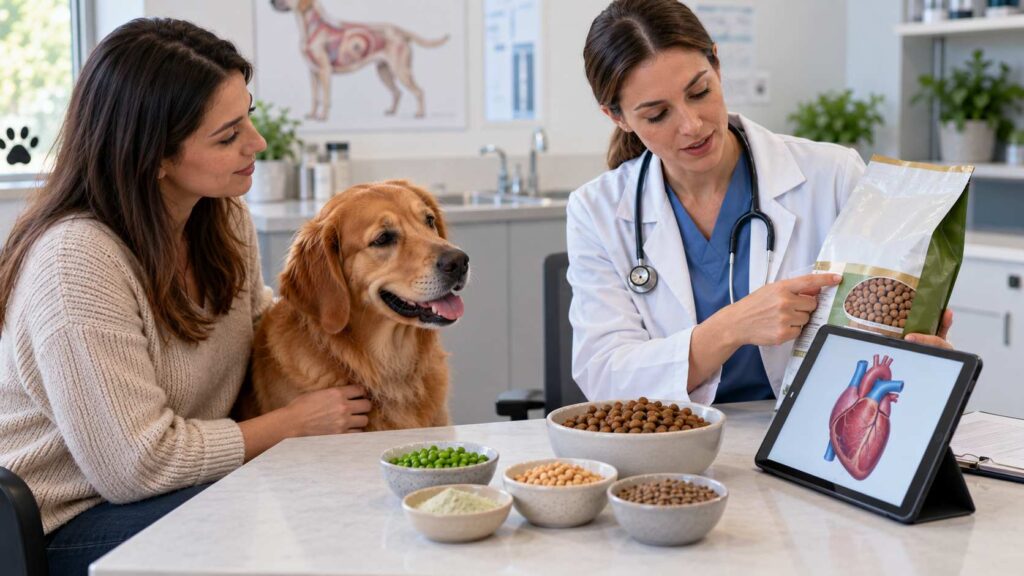 Veterinarian discussing dog food and dietary ingredients with a dog owner during a heart-health consultation