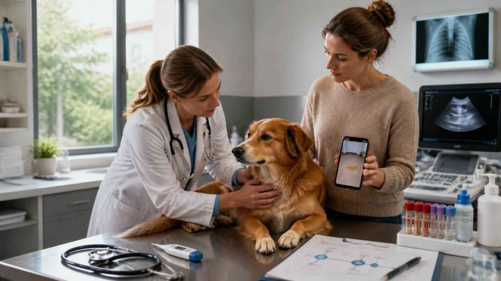 Veterinarian examining a dog while reviewing vomiting history, medical records, and diagnostic tests.