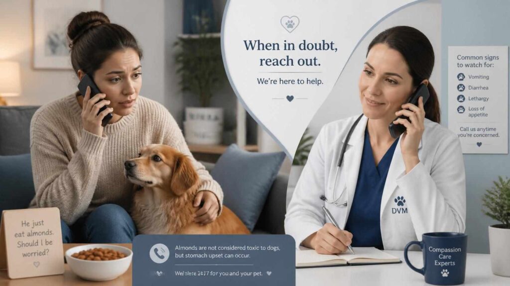 Dog owner contacting a veterinarian after a dog accidentally eats almonds