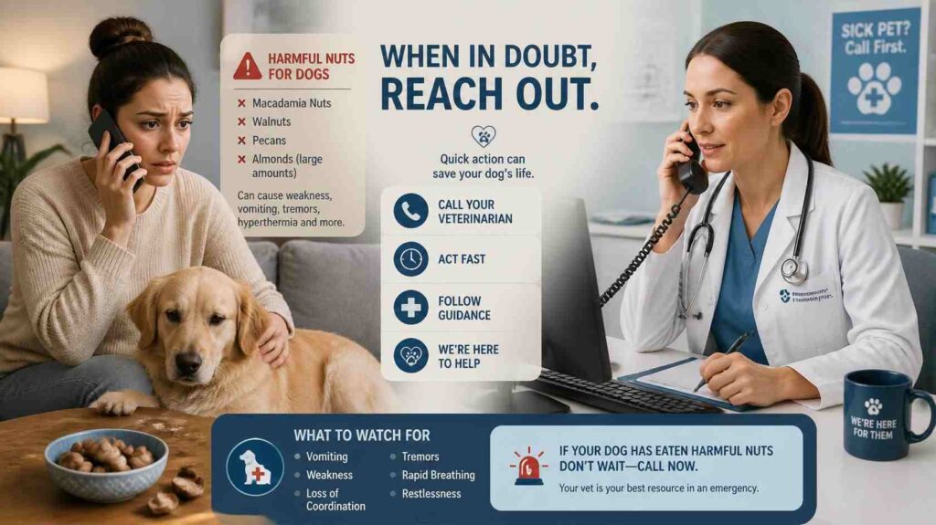 Can dogs eat nuts safely showing a worried dog owner contacting a veterinarian after nut exposure