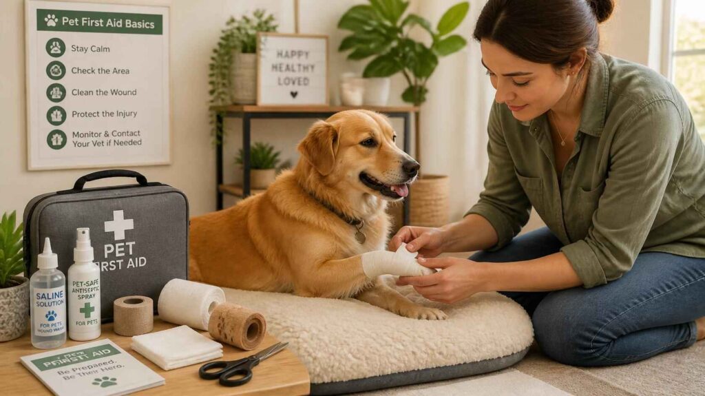 Pet owner using pet-safe wound care supplies to treat a dog’s minor injury at home.