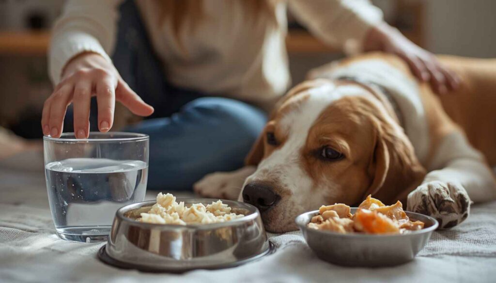 Dog owner caring for a mildly sick dog with water and bland food at home