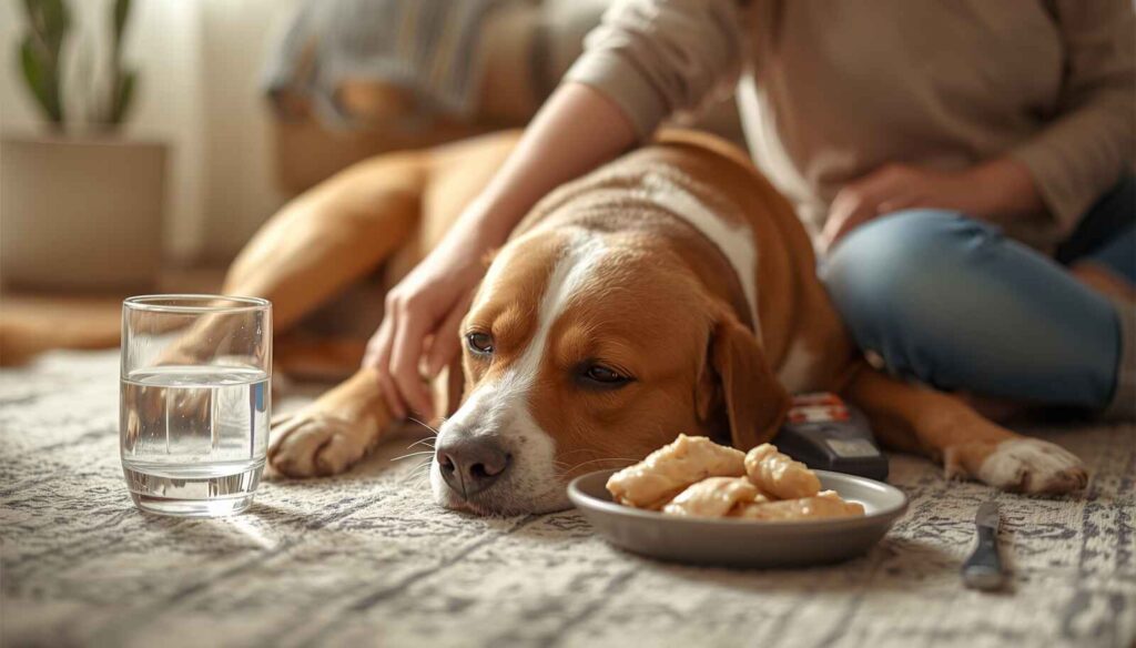 Dog resting at home with fresh water and bland food for mild vomiting recovery