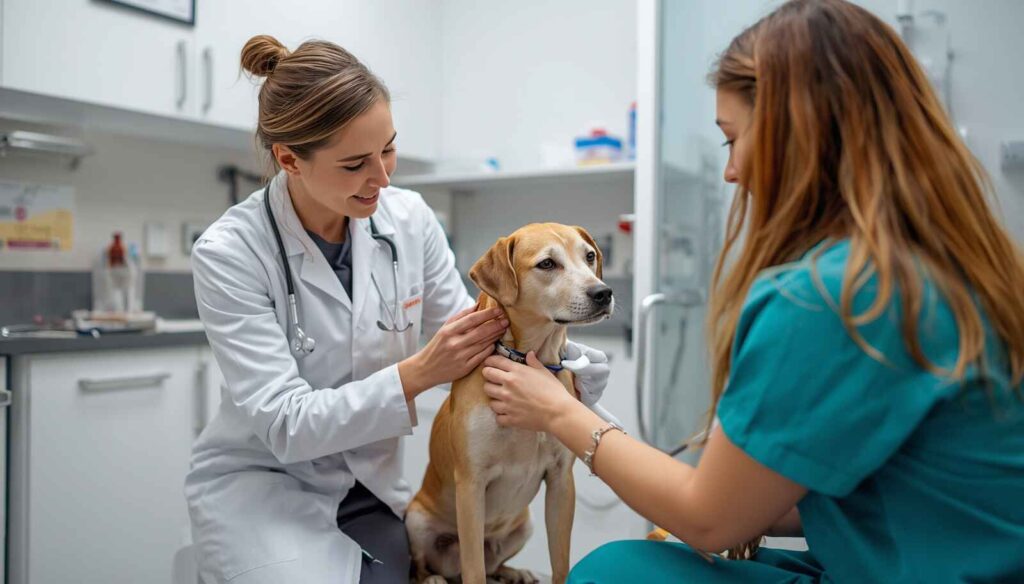 Veterinarian examining a dog in a clean veterinary clinic during digestive health check

