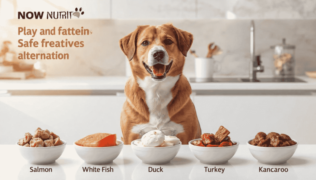 Healthy dog with safe protein alternatives including lamb salmon duck venison turkey and kangaroo