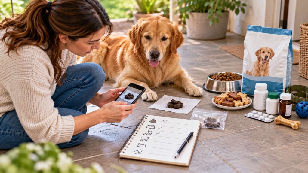Dog owner photographing unusual stool and recording symptoms, diet changes, medications and recent exposures for the vet.