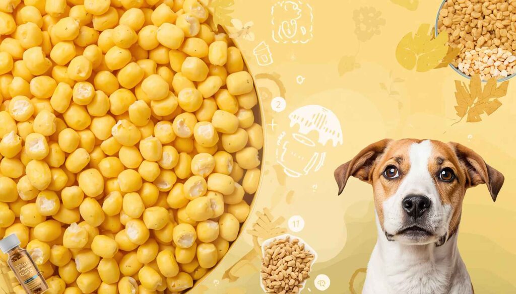 Sweetcorn kernels with nutrition icons beside a curious dog showing health benefits of sweetcorn for dogs