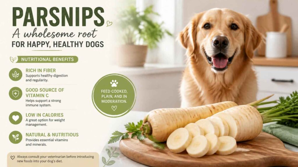 Fresh sliced parsnips beside a healthy dog with nutrition-themed visuals