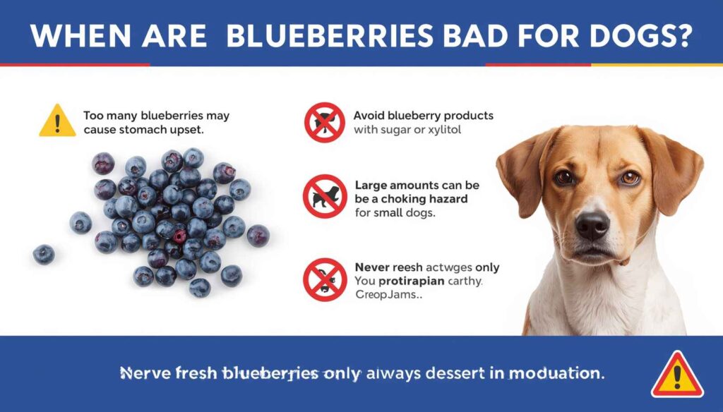 Concerned dog near spilled blueberries with warning icons explaining when blueberries may be harmful for dogs.