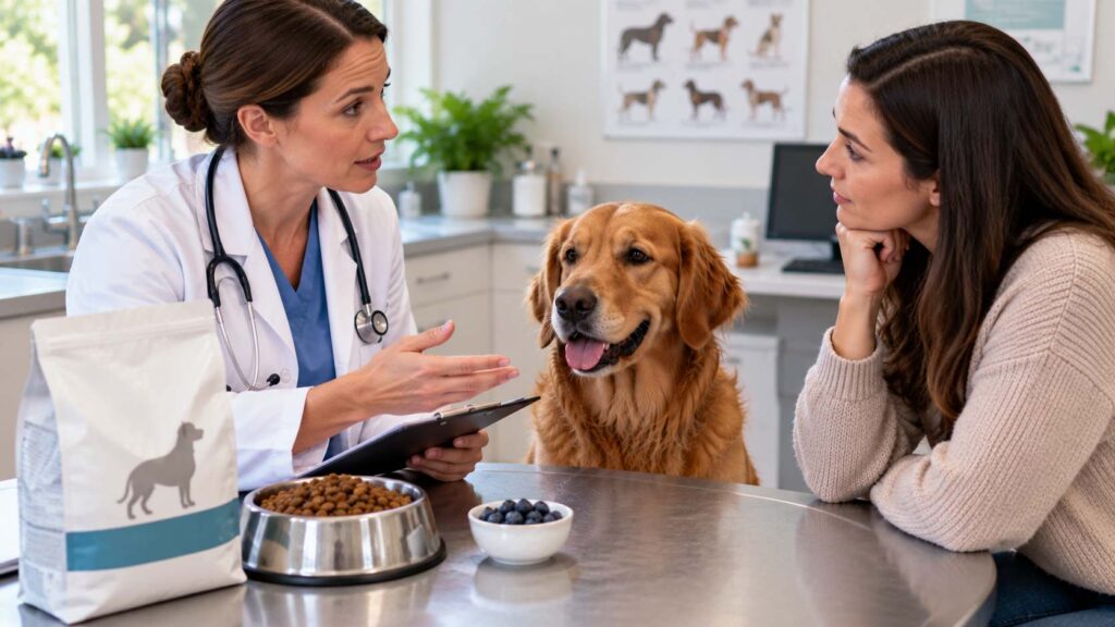 Veterinarian discussing blueberries and diet choices with a dog owner