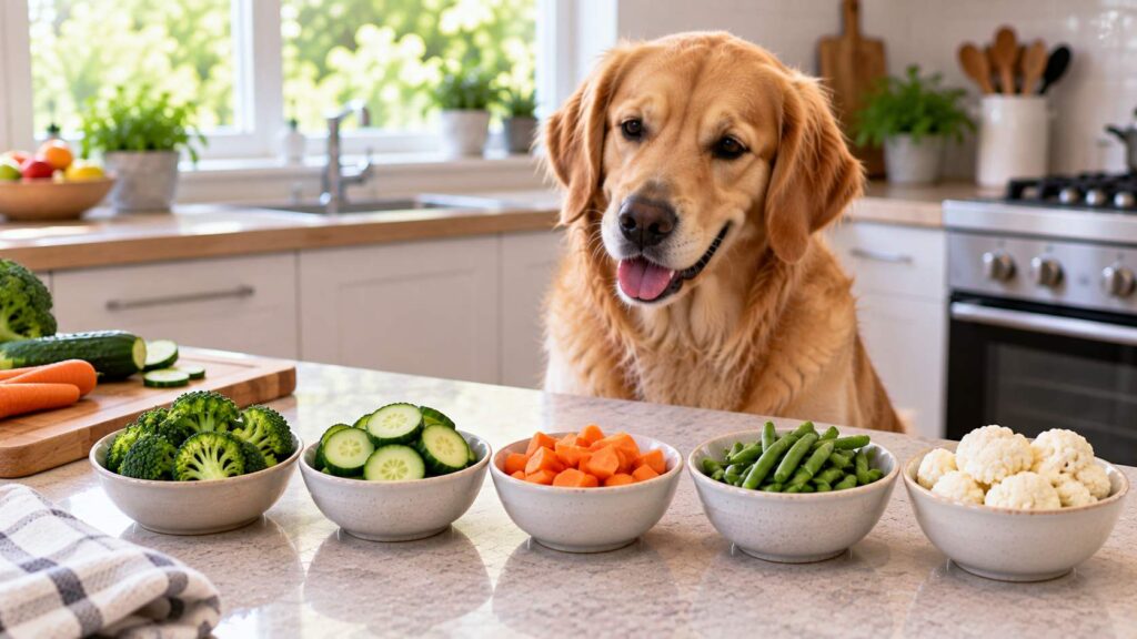 Dog beside small portions of broccoli, cucumber, carrot, green beans, and cauliflower