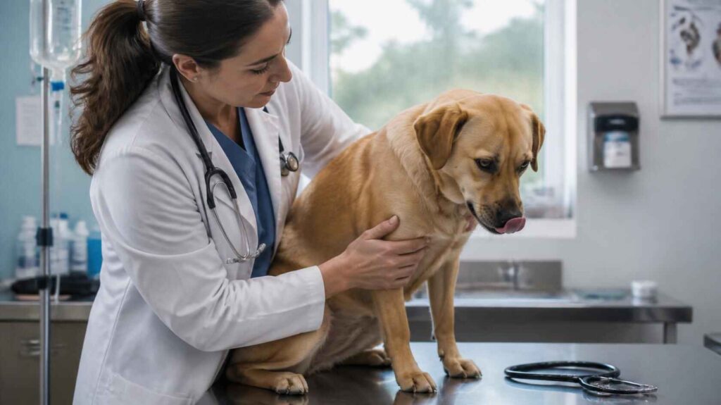 Veterinarian examining a dog with digestive discomfort and possible reflux-related symptoms.