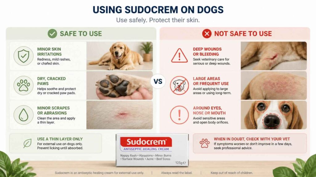 Infographic showing safe and unsafe situations for using Sudocrem on dogs, including dry paws, minor scrapes, deep wounds, and sensitive areas.