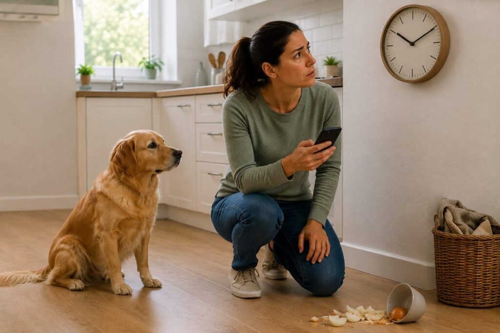 Dog owner checking the time after discovering a possible onion ingestion.
