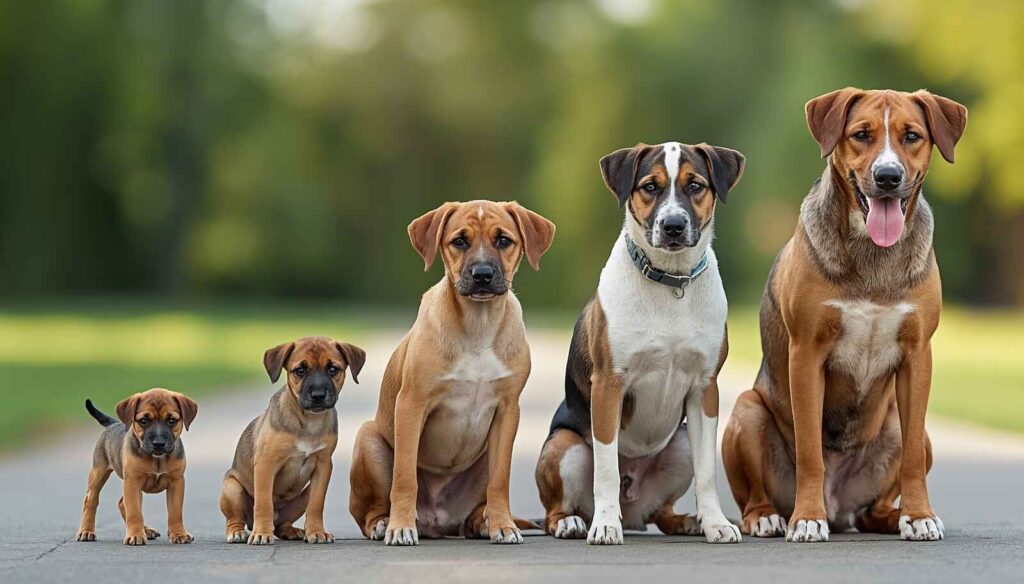 Puppy growing into an adult dog through different growth stages outdoors