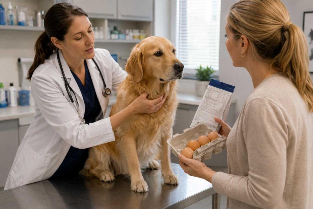 Veterinarian examining a dog while the owner provides information about an egg-related food exposure