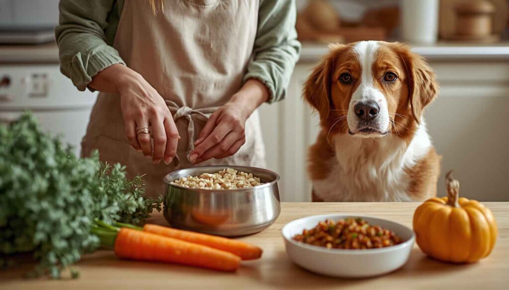 Dog owner preparing homemade dog food with chicken rice carrots and pumpkin