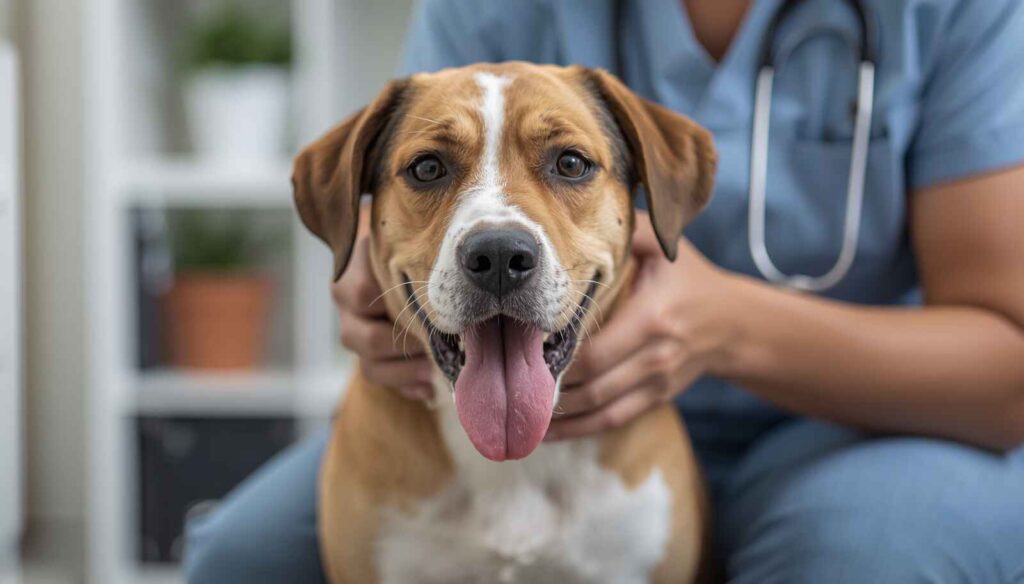 Dog showing signs of digestive discomfort and excessive burping indoors