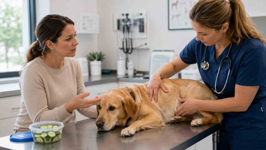 Veterinarian examining a dog after the owner reports a cucumber-related concern.