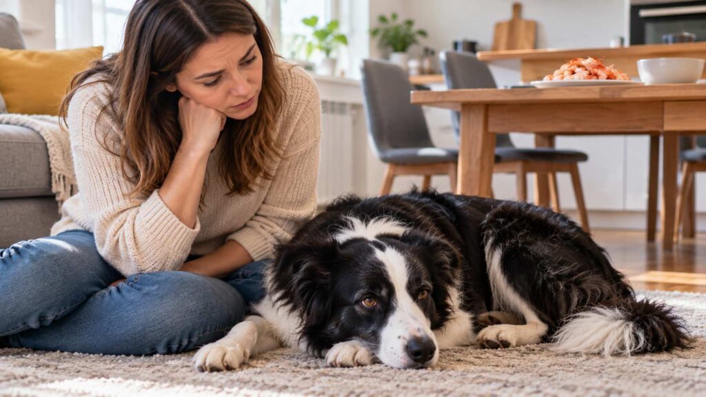 Border Collie resting on a living room rug while its owner watches for possible digestive discomfort.