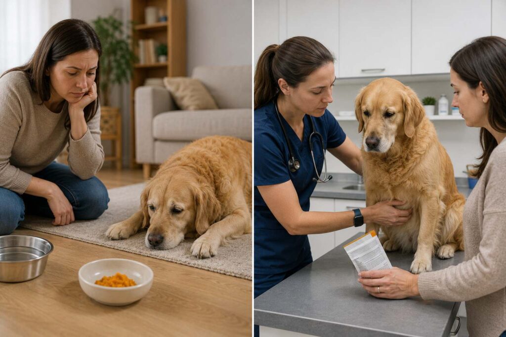 Veterinarian examining a dog after digestive symptoms develop following pumpkin ingestion