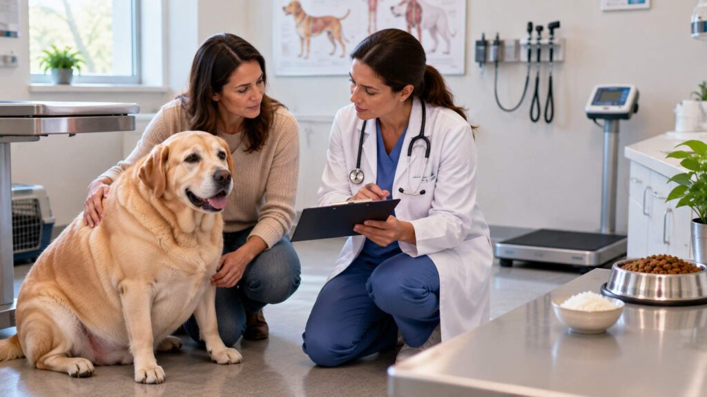 Overweight dog with owner and veterinarian discussing diet while a small bowl of rice sits nearby