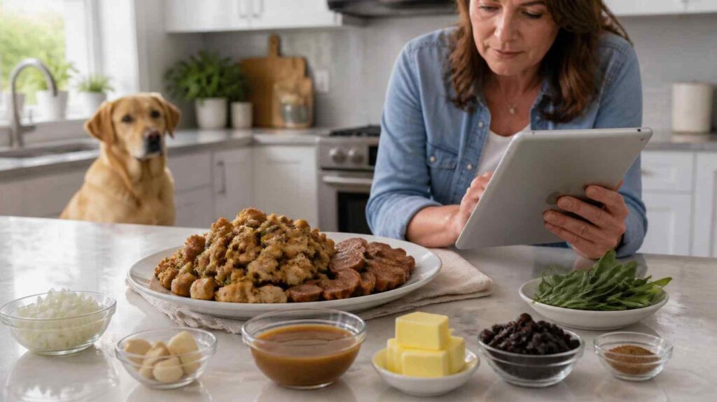 Dog owner checking sage stuffing containing onion, garlic, butter, and other ingredients while a dog waits nearby.