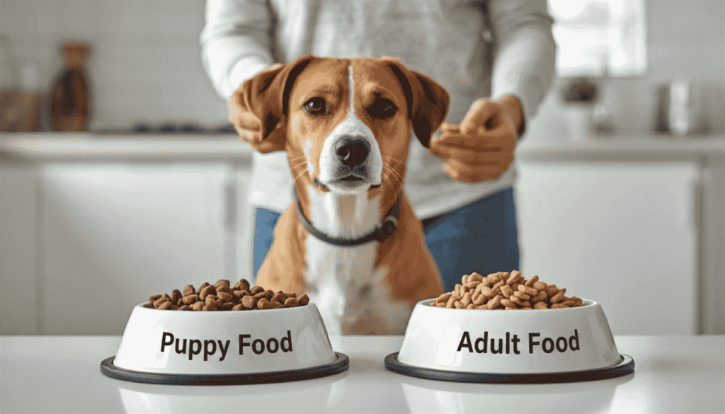 Adolescent dog beside mixed kibble bowls during a gradual puppy to adult food transition