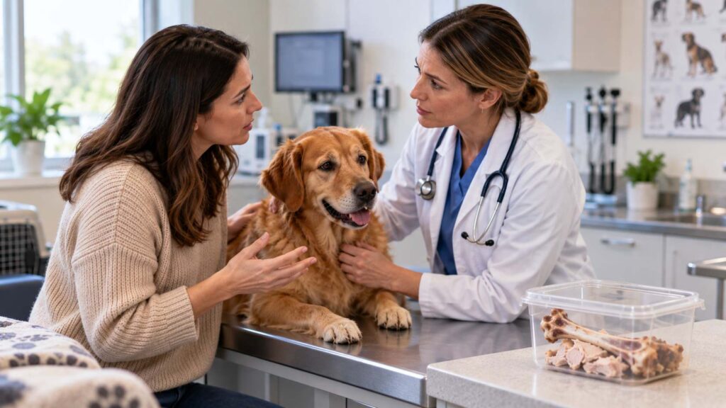 Veterinarian examining a dog after possible ingestion of a cooked turkey bone