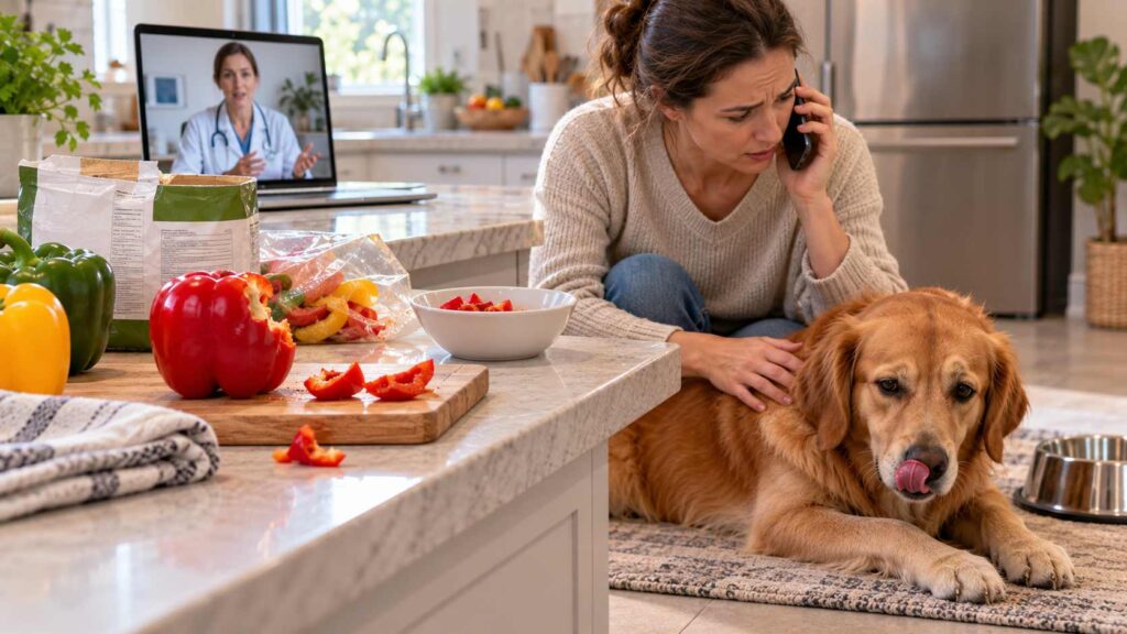 Owner monitoring a dog and contacting a veterinarian after an accidental pepper exposure