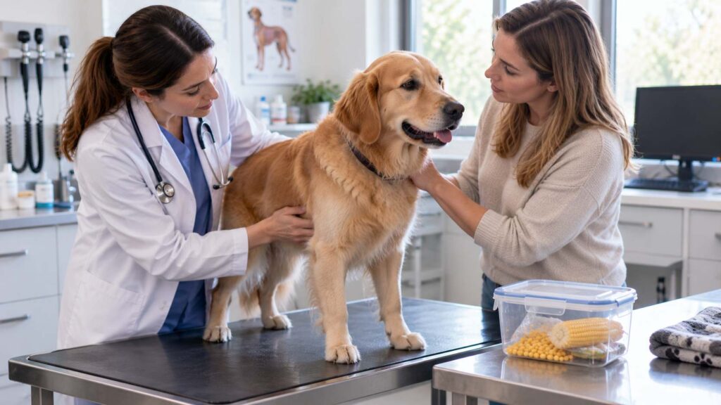 Veterinarian examining a dog while the owner provides details about sweetcorn and possible corn cob ingestion