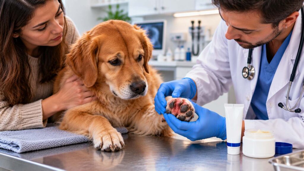 Veterinarian examining an irritated dog paw beside basic skin ointment and veterinary topical medication.