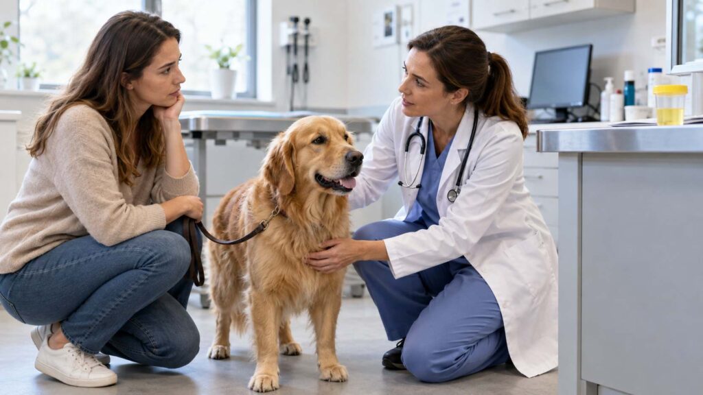 Veterinarian examining a dog as the owner asks why do dogs pee in your bed after sudden urinary accidents