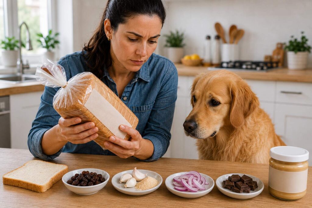 Dog owner checking bread ingredients beside raisins, garlic, onion, chocolate, and sugar-free spread