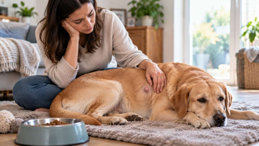 Owner checking a dog with a small lump while also watching its appetite, energy and overall behaviour