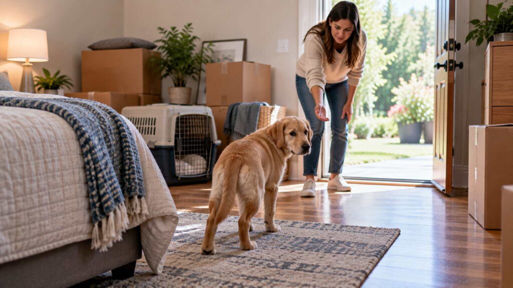 Young dog adjusting to household changes while the owner calmly guides it toward an outdoor toilet area