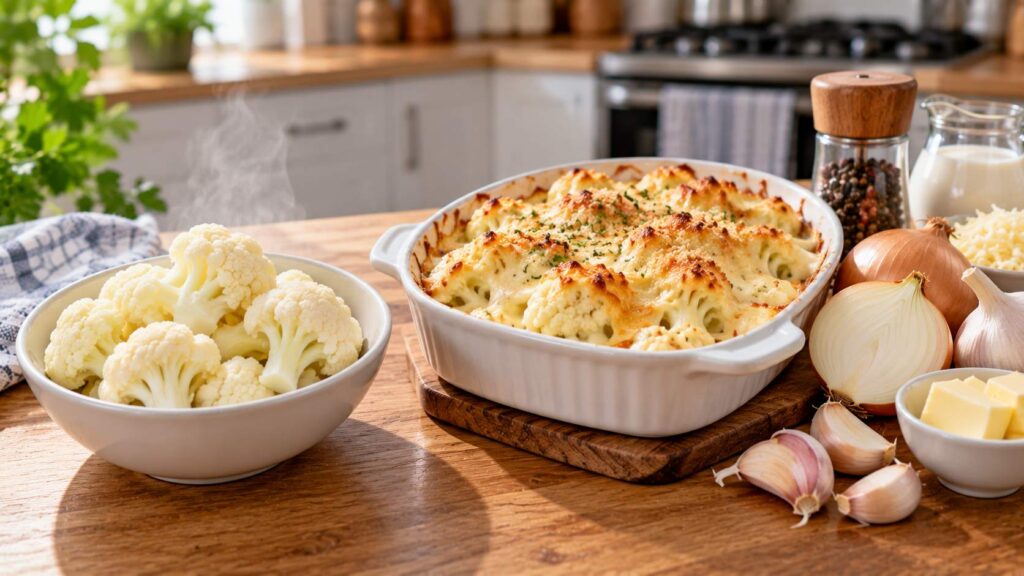 Plain steamed cauliflower beside cauliflower cheese with garlic, onion, butter and seasonings.