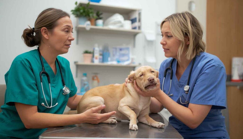 Veterinarian examining a dog with digestive problems in a clinic