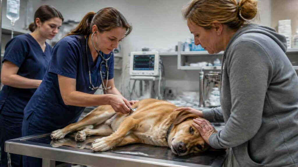 Veterinarian examining a dog after accidental ingestion of a large piece of honeydew rind in a veterinary clinic