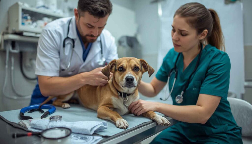Veterinarian urgently examining a sick dog with vomiting symptoms