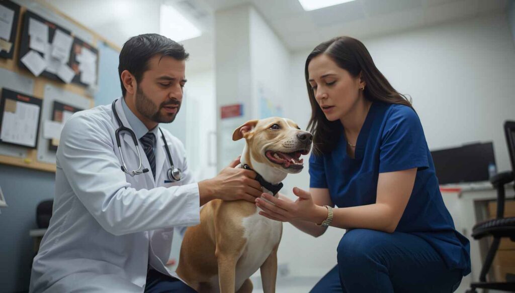 Veterinarian examining an overly energetic dog while speaking with its owner.